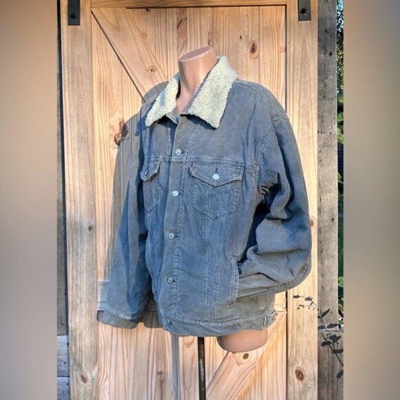 Vintage Y2K Levis Grey Corduroy Sherpa Lined Relaxed Trucker Jacket~XL~ - Picture 3 of 8